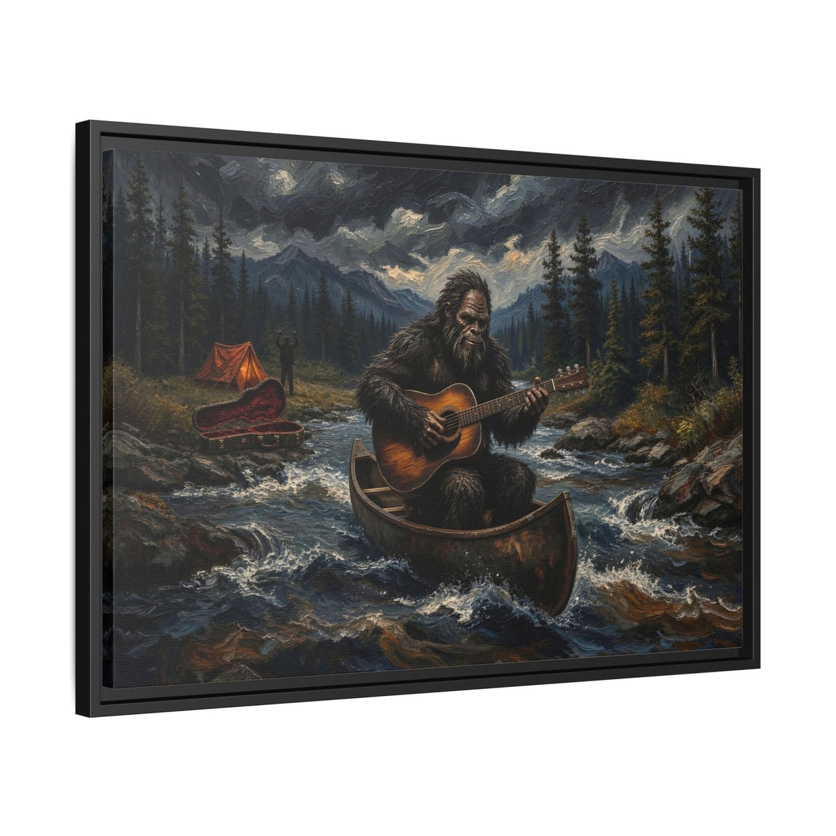 Framed canvas wall art with black frame edge, Bigfoot canoe scene playing guitar in churning water