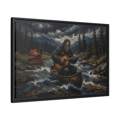 Framed canvas wall art with black frame edge, Bigfoot canoe scene playing guitar in churning water
