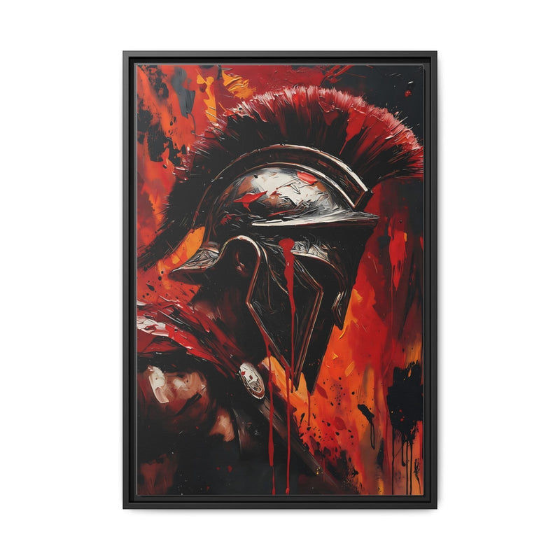 Framed canvas wall art with Spartan warrior helmet illustration, black frame