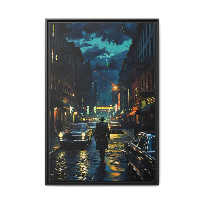 Black-framed canvas print of a narrow rainy downtown street with wet-road reflections