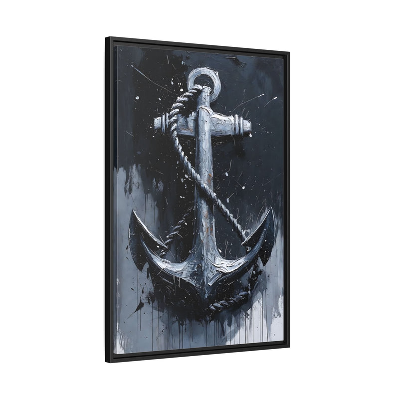 Framed vertical nautical anchor painting with silver anchor on dark and gray splatter canvas