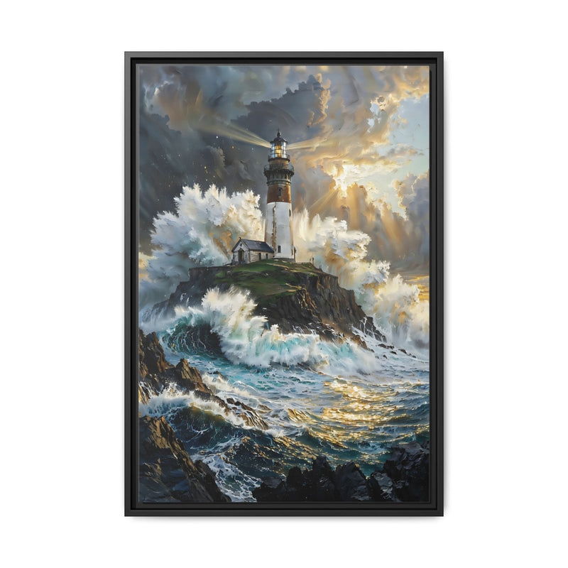 Black-framed seascape canvas wall art with lighthouse, storm clouds, and crashing waves