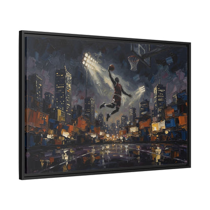 City Lights Dunk - Epic Night Basketball Player Framed Canvas Wall Art | Man Cave Decor