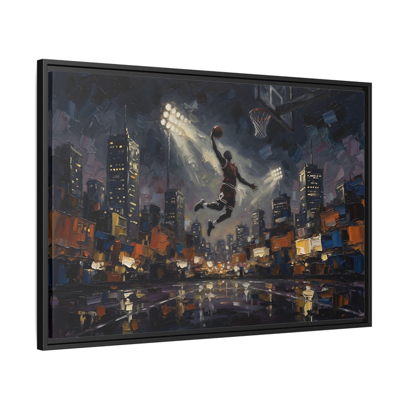 City Lights Dunk - Epic Night Basketball Player Framed Canvas Wall Art | Man Cave Decor