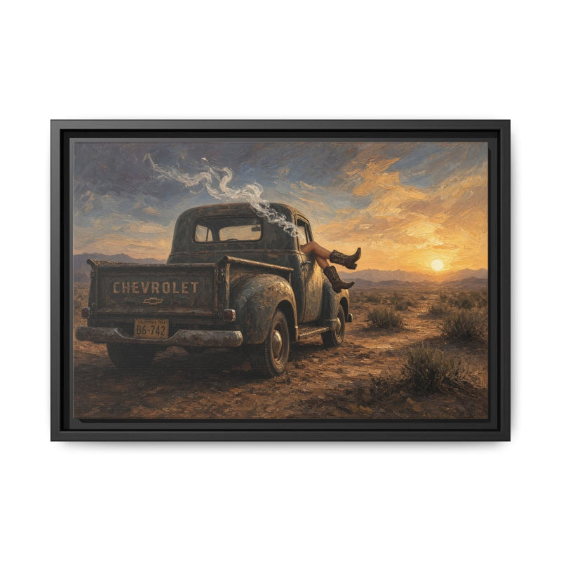 Framed canvas wall art: vintage Chevrolet pickup, cowgirl, and desert sunset with warm sky.