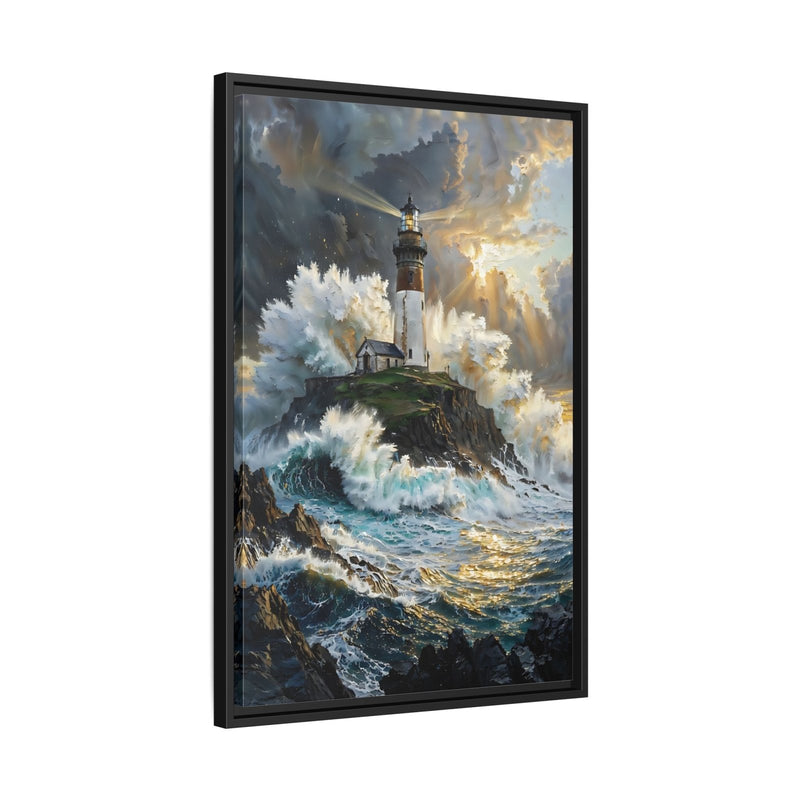 Black framed portrait canvas wall art with lighthouse on cliff and turbulent ocean waves