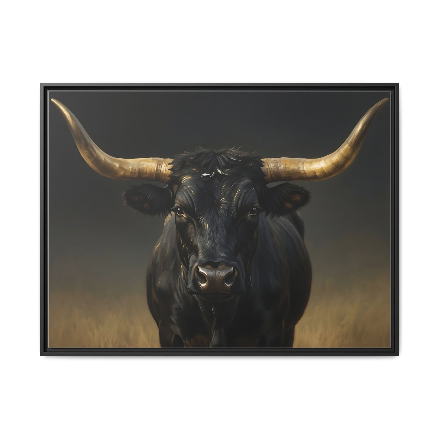 Majestic Black Longhorn Bull Wall Art : Framed Matte Canvas: