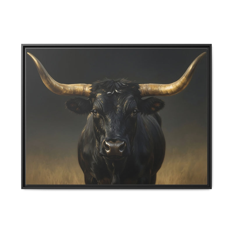 Framed longhorn bull head matte canvas, dark face and gold curved horns