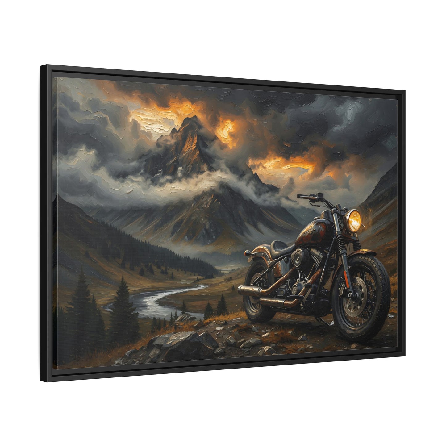 Framed matte canvas wall art, black frame, detailed motorcycle in mountain scenery
