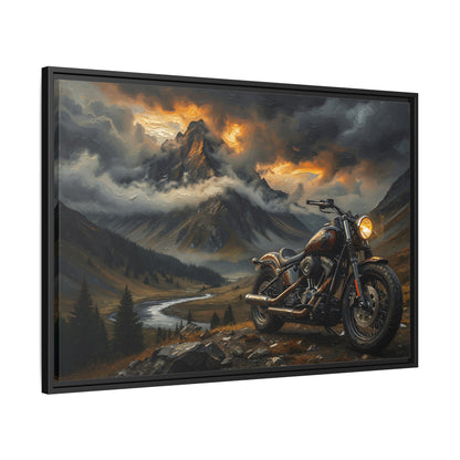 Framed matte canvas wall art, black frame, detailed motorcycle in mountain scenery