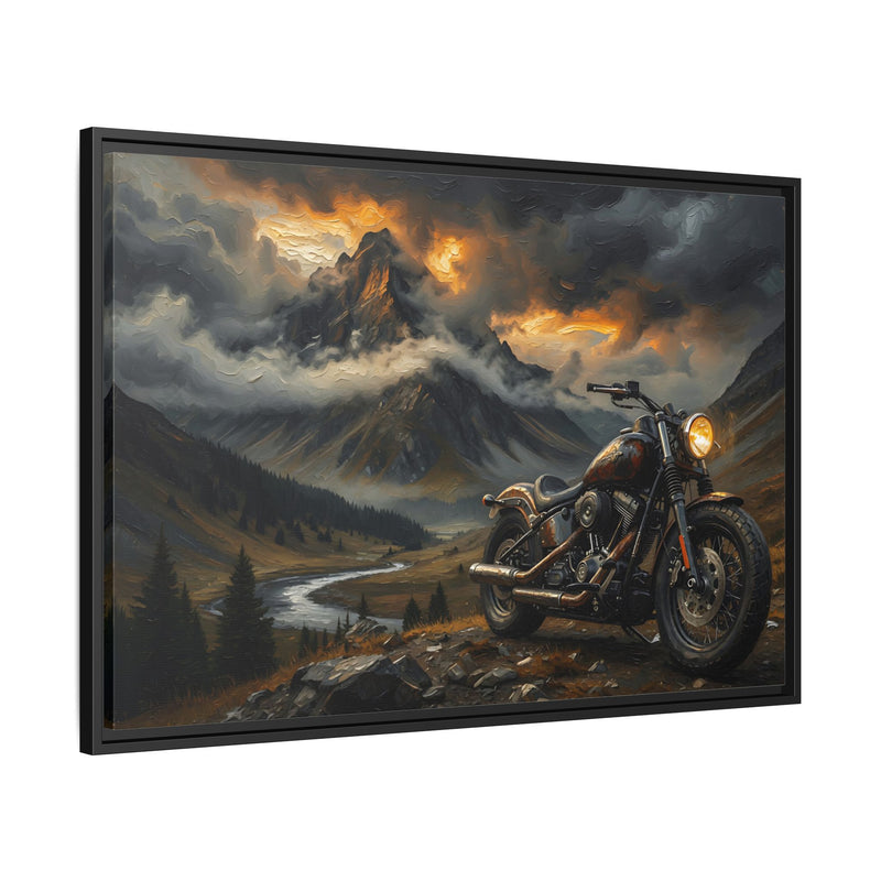 Framed matte canvas wall art, black frame, detailed motorcycle in mountain scenery