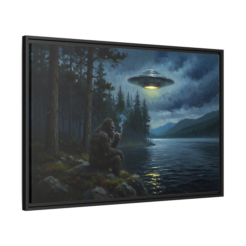 Bigfoot & UFO Matte Canvas Print — Framed Sasquatch Smoke Break  Wall Art
