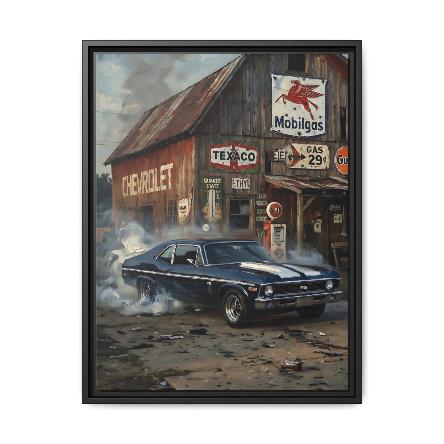 Chevy Muscle Car Canvas Framed | Rustic Gas Station Wall Art