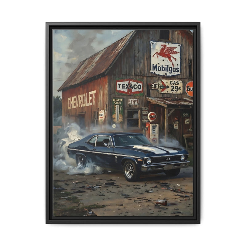Chevy Muscle Car Canvas Framed | Rustic Gas Station Wall Art
