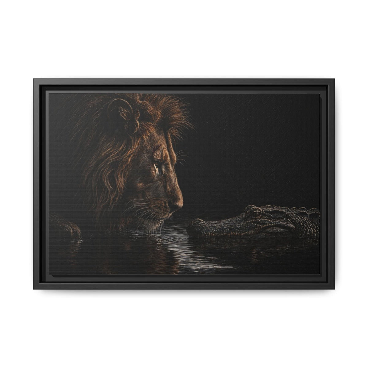 Black framed canvas wall art showing a lion profile beside an alligator on water.
