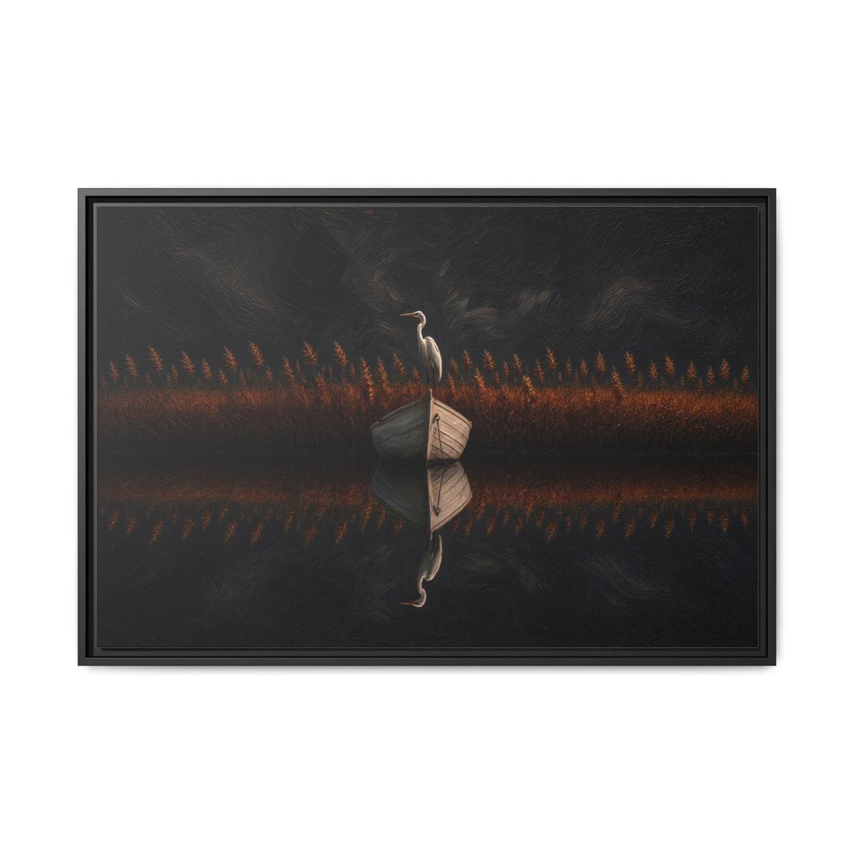 Horizontal framed canvas art showing a heron silhouette with warm orange grasses.