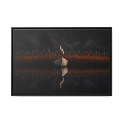 Horizontal framed canvas art showing a heron silhouette with warm orange grasses.