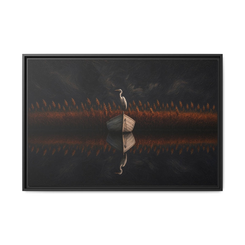 Horizontal framed canvas art showing a heron silhouette with warm orange grasses.