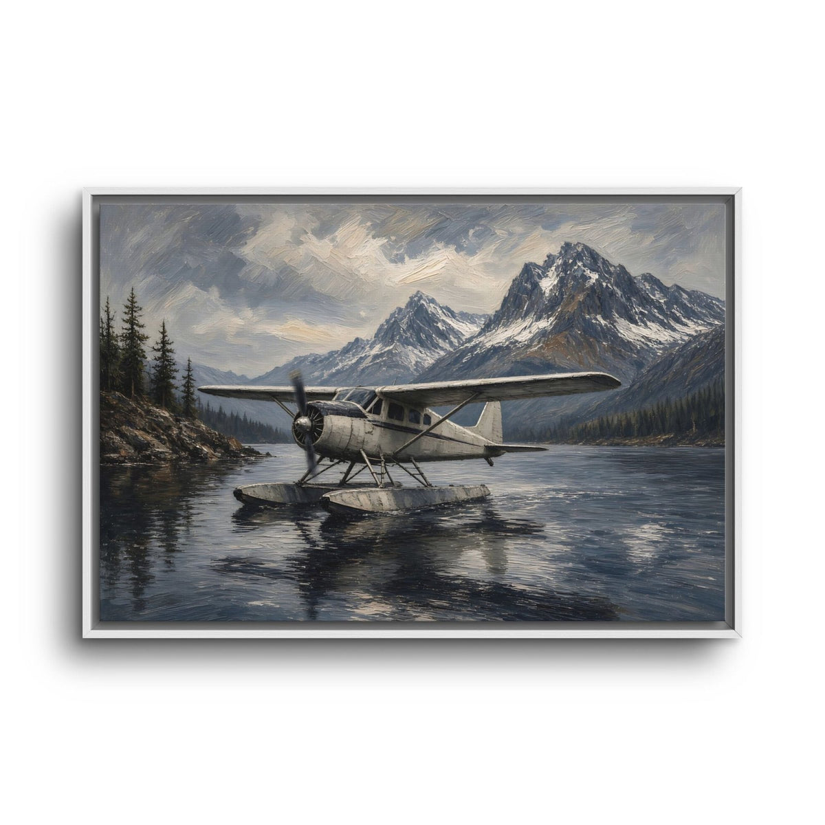 White-framed mountain seaplane canvas print with airplane on water and snowy peaks