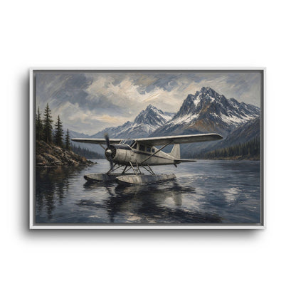 White-framed mountain seaplane canvas print with airplane on water and snowy peaks