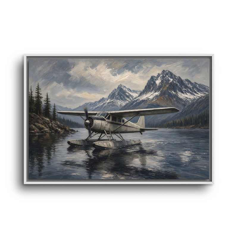 White-framed mountain seaplane canvas print with airplane on water and snowy peaks