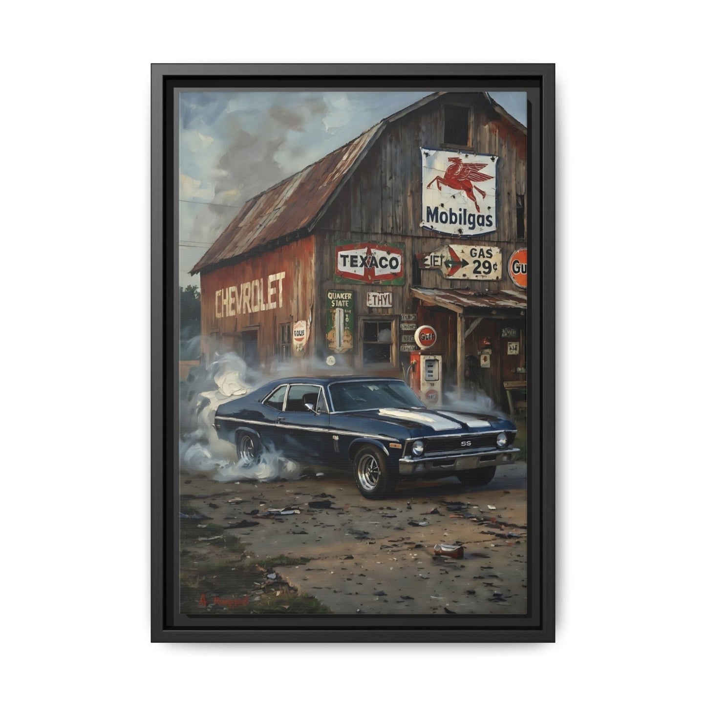 Chevy Muscle Car Canvas Framed | Rustic Gas Station Wall Art