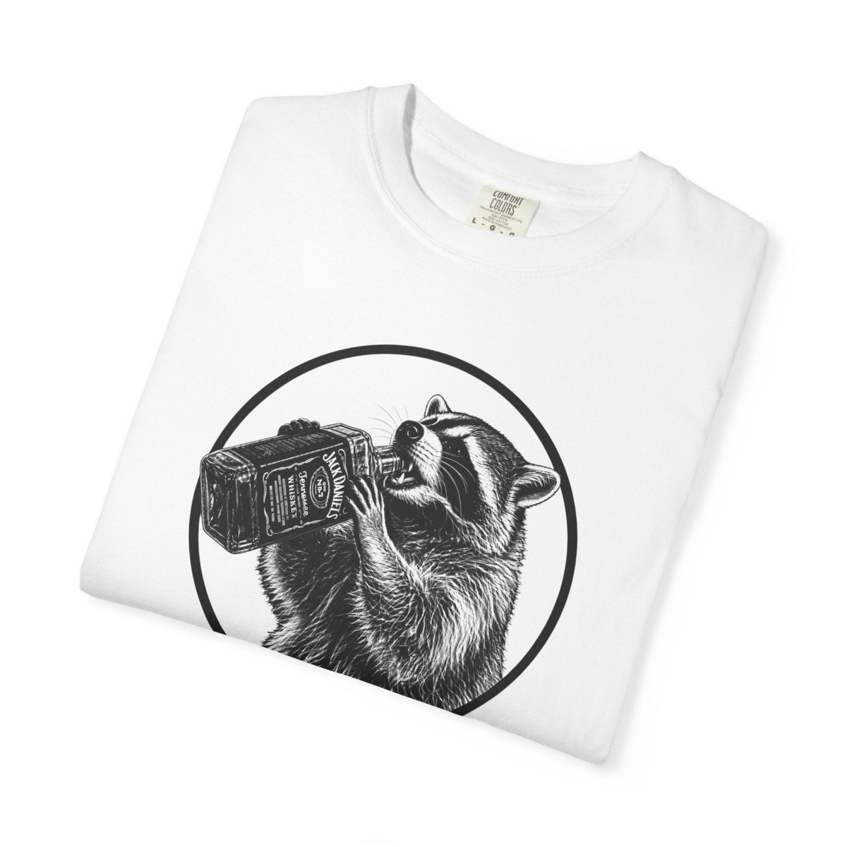 Men's white raccoon-and-whiskey graphic T-shirt, crew neck, angled view