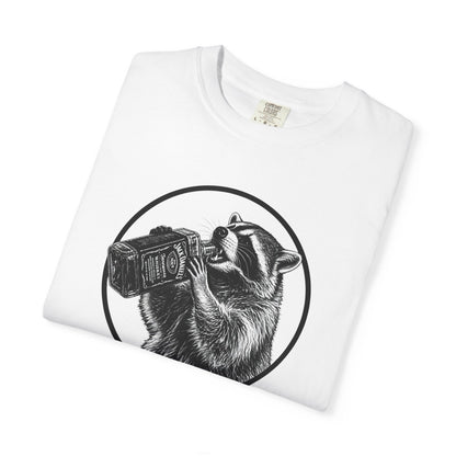 Men's white raccoon-and-whiskey graphic T-shirt, crew neck, angled view