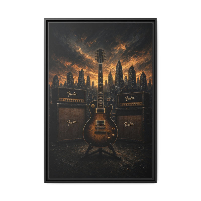 Guitar, Amps & Burning Skyline Cityscape Canvas
