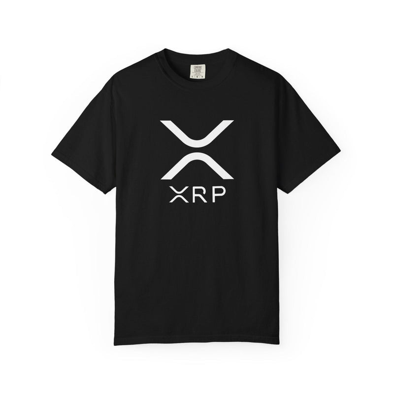 Black crewneck T-shirt with white X-shaped XRP logo on the chest