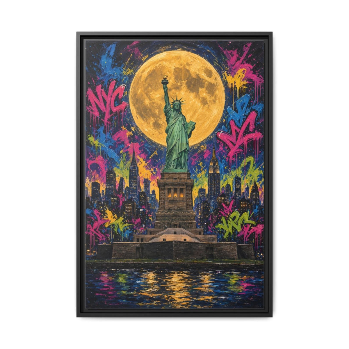Framed graffiti canvas with Statue of Liberty and a bright full moon, colorful street art