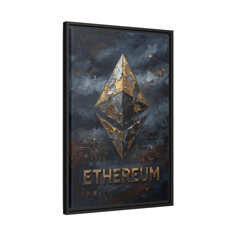 Framed Ethereum logo canvas wall art with gold diamond symbol and ETHEREUM text