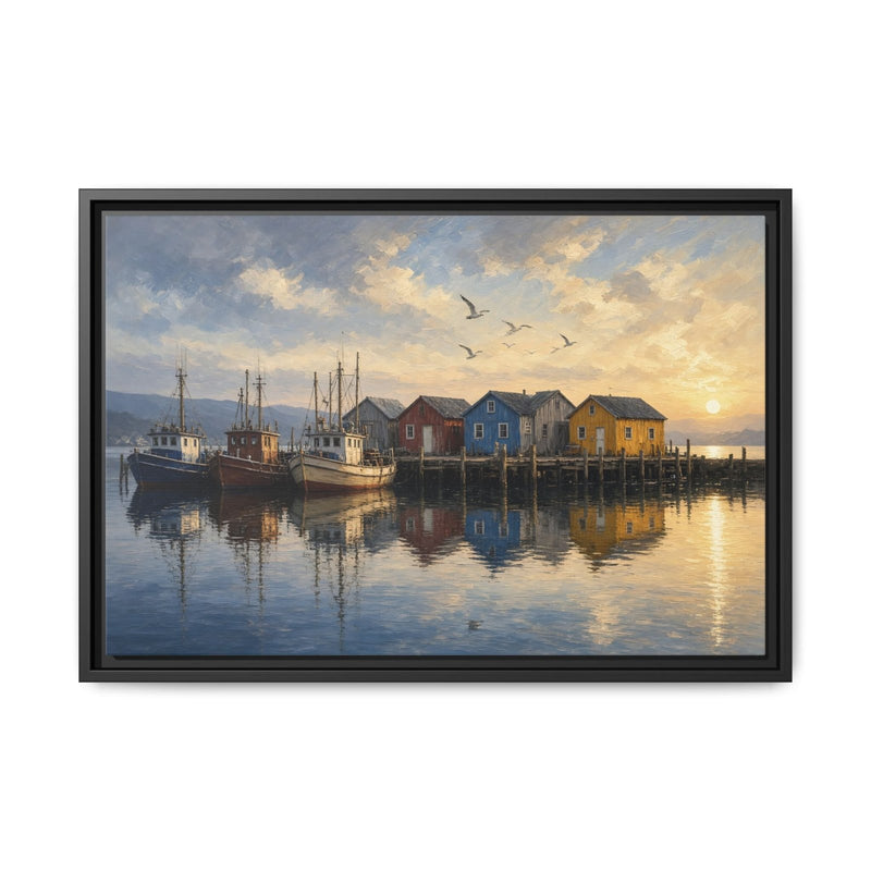 Framed canvas wall art: fishing harbor boats and colorful docks; black frame