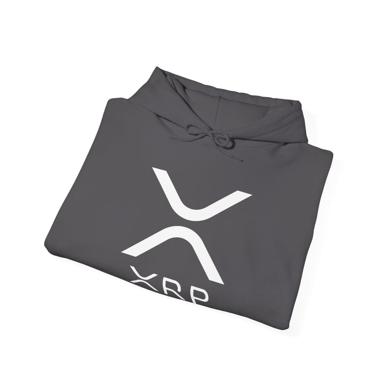 Charcoal pullover hoodie folded with hood tie and white XRP logo graphic