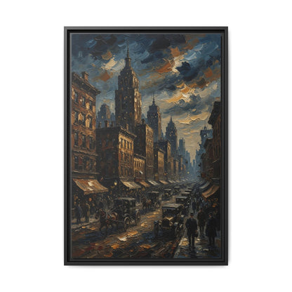 Black framed canvas of a nighttime city street with buildings, pedestrians, and stormy clouds.