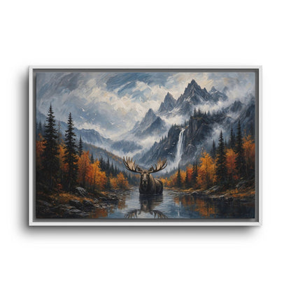 Moose canvas print in a light frame, with the animal standing in a mountain stream