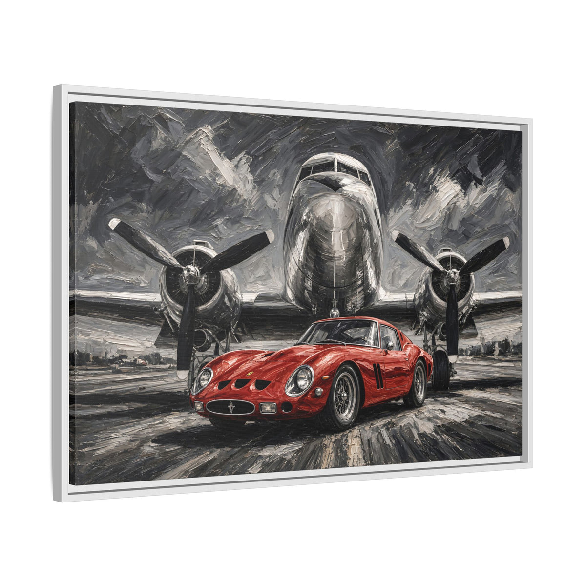 Framed Canvas Print — Vintage Red Racing Car & Propeller Plane Artwork