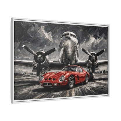 Framed Canvas Print — Vintage Red Racing Car & Propeller Plane Artwork