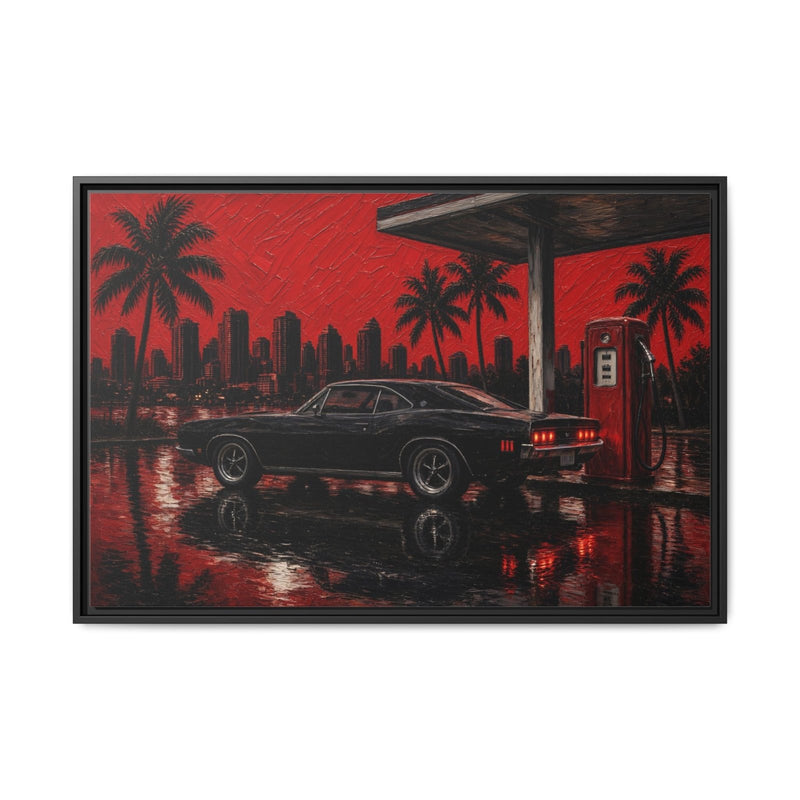 Framed canvas wall art featuring a black muscle car with city skyline and red sky