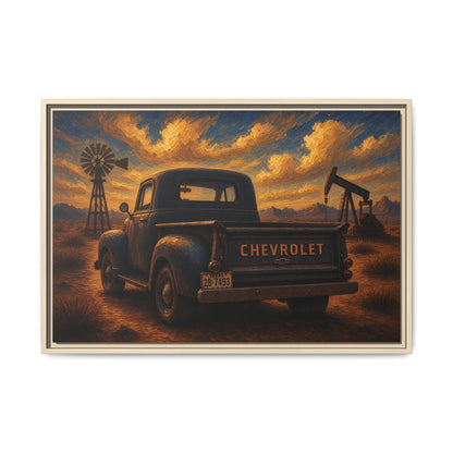 Vintage Chevrolet Oil Field Sunset | Framed Canvas Wall Art