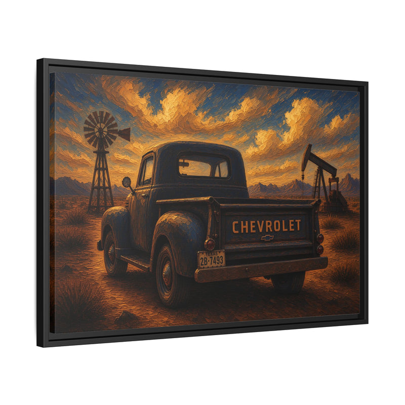 Vintage Chevrolet Oil Field Sunset | Framed Canvas Wall Art