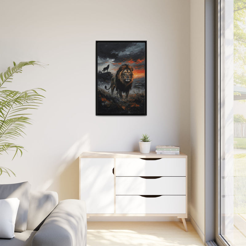 Lion and Wolf Matte Framed Canvas — Majestic Wildlife Sunset Wall Art