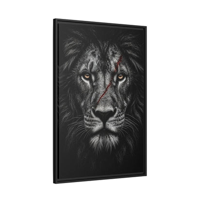 Black lion portrait canvas print with dark frame, slight side angle.