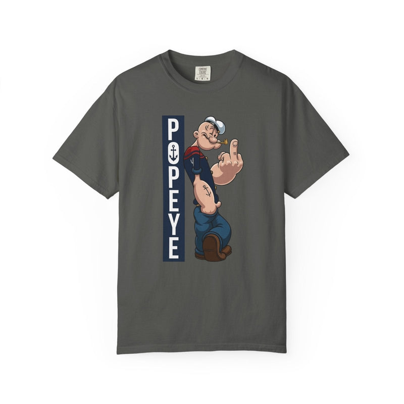 Charcoal graphic cartoon T-shirt with vertical sailor-themed print at center chest