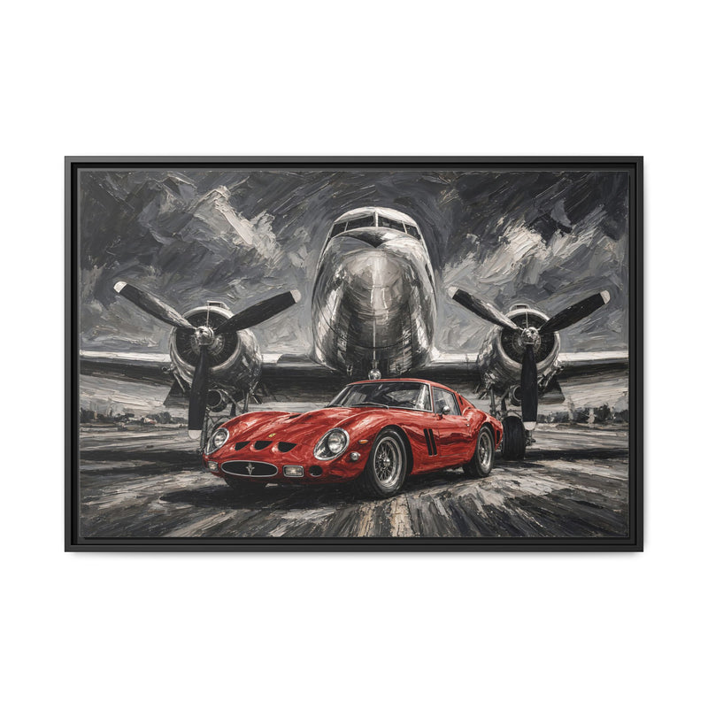 Framed Canvas Print — Vintage Red Racing Car & Propeller Plane Artwork