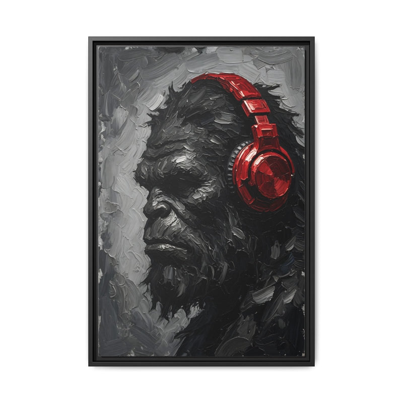 Framed canvas print of Bigfoot portrait with red over-ear headphones, grayscale art