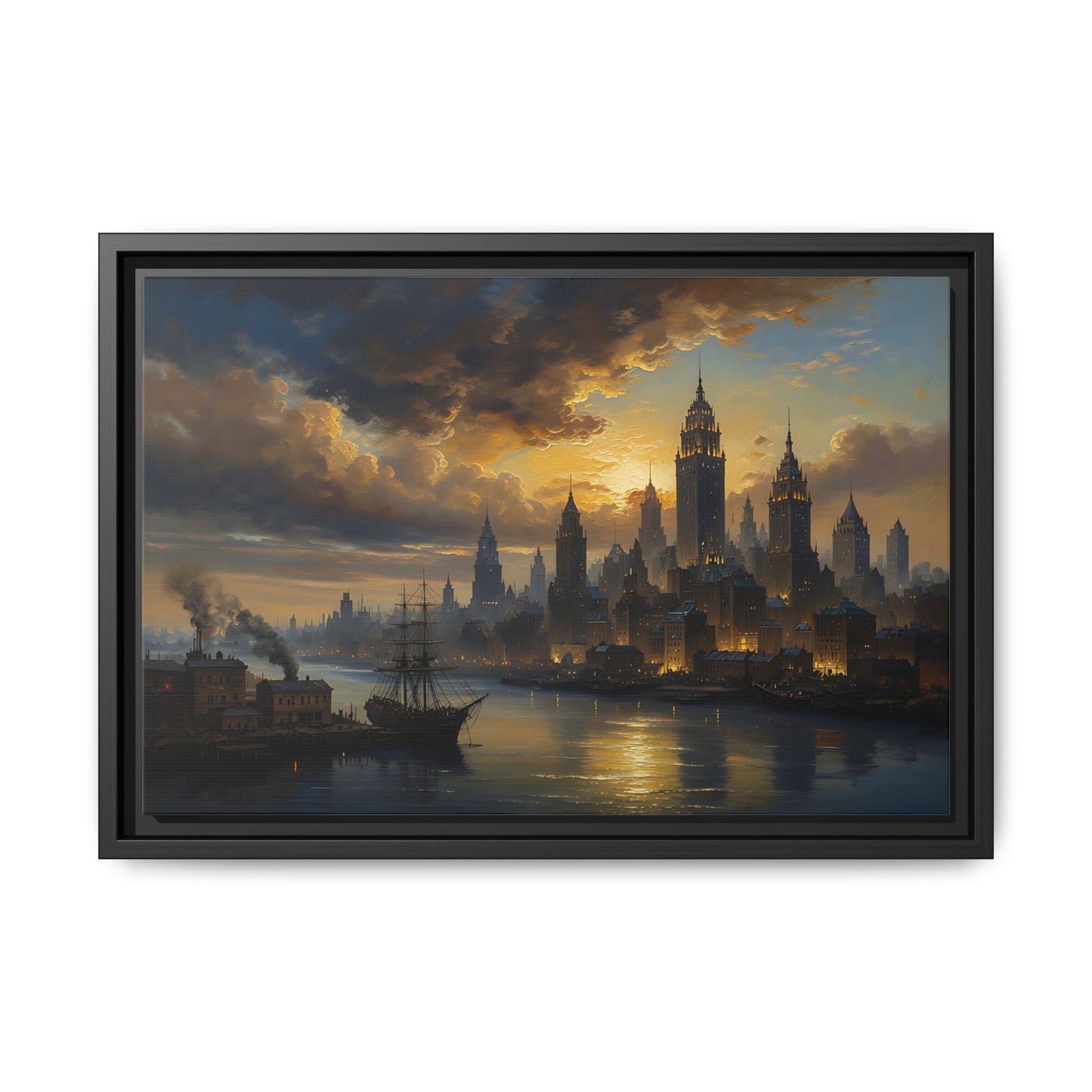 Framed Vintage Skyline Matte Canvas - Victorian Harbor Cityscape