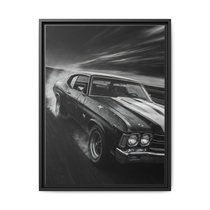 Black-framed canvas print of a classic muscle car in grayscale, front 3/4 view