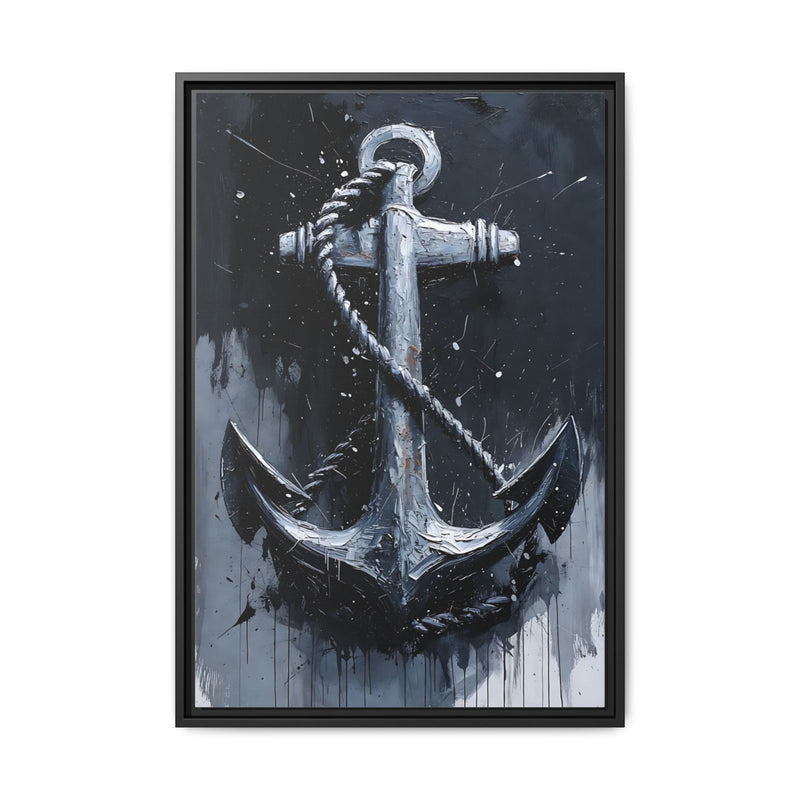 Framed nautical anchor painting with silver anchor on dark splatter-textured canvas