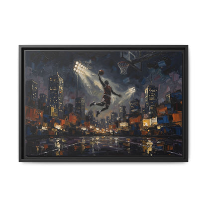 Framed basketball canvas wall art showing a player midair and a night city with lights and reflections